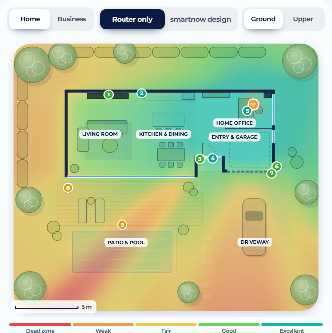smart-now Wi-Fi coverage map over a home floor plan